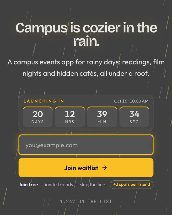 Rainy Quad — Dark Academia waitlist page template, dark gray background