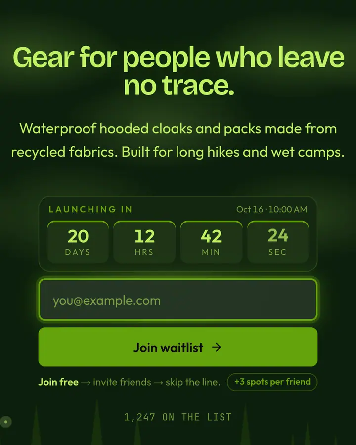 Ranger Cloak — Fantasy waitlist page template, deep green background