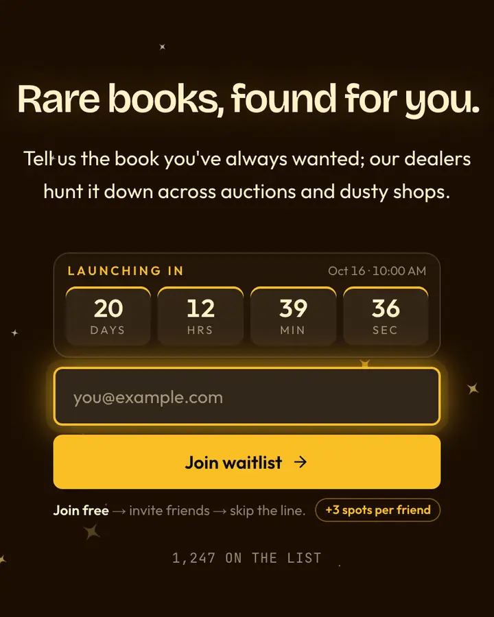 Rare Books — Dark Academia waitlist page template, near-black vermilion background