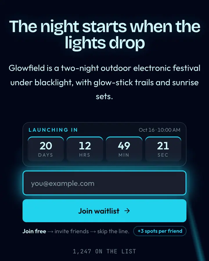 Rave Cyan — Y2K waitlist page template, near-black blue background