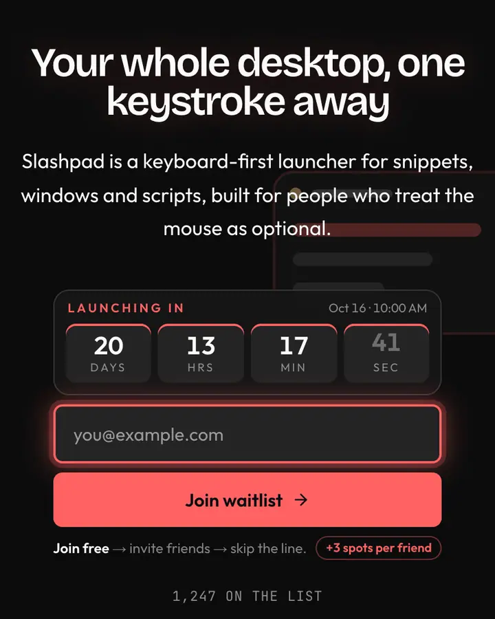 Command Bar — Tech & SaaS waitlist page template, near-black background