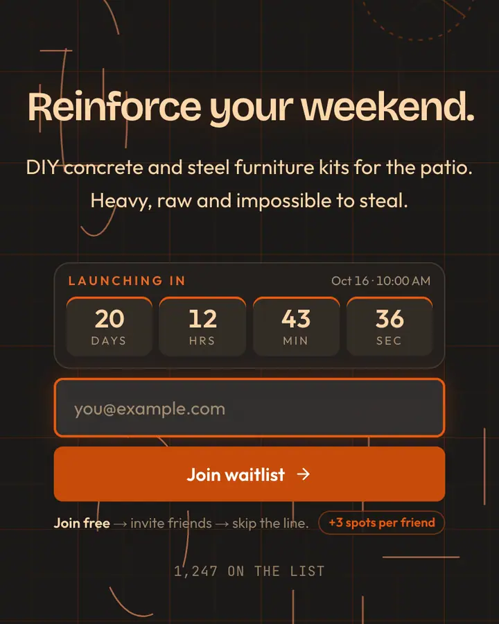 Rebar Orange — Industrial & Brutalist waitlist page template, charcoal background