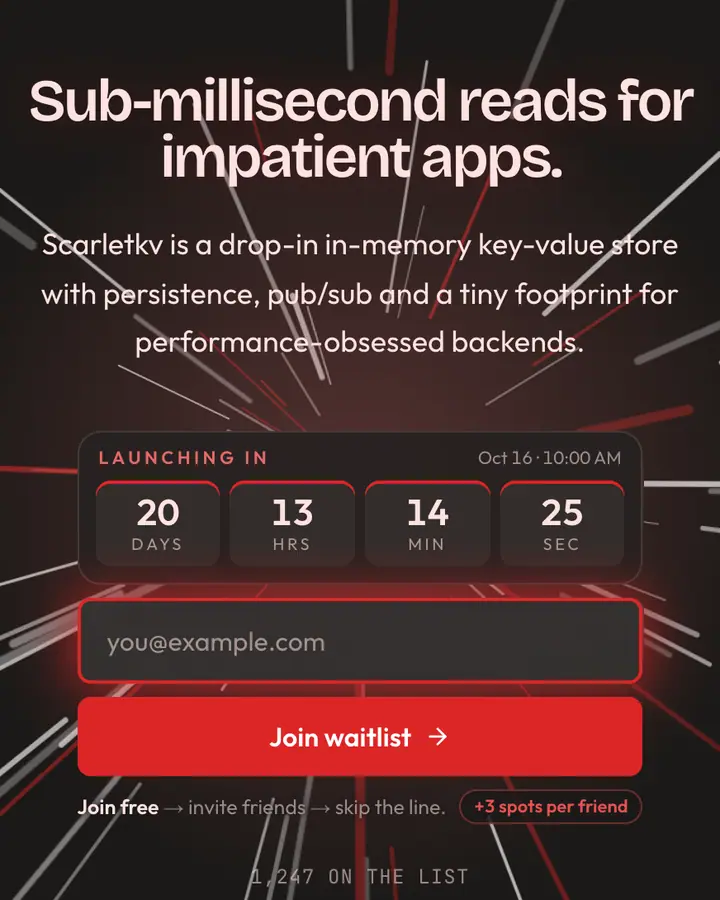 Cache Red — Tech & SaaS waitlist page template, charcoal background