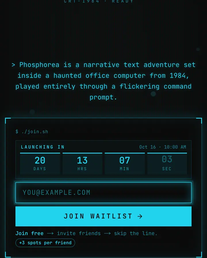 Retro CRT — Terminal & Developer waitlist page template, near-black background