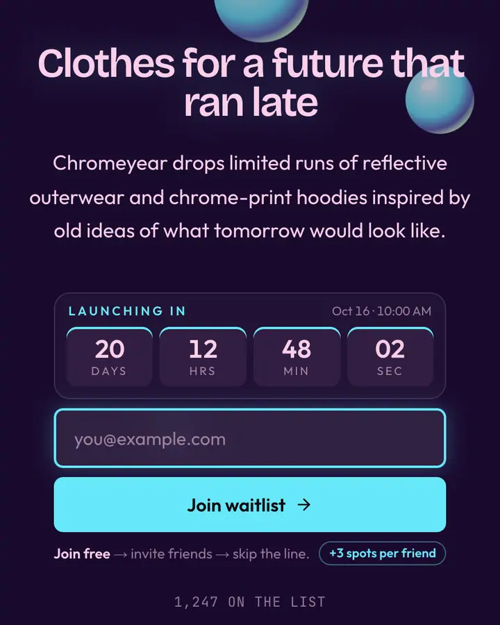 Retrofuture — Vaporwave waitlist page template, deep violet background