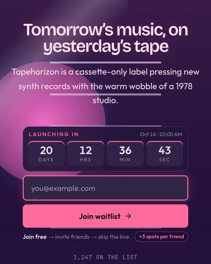 Analog Retro-Future — Vaporwave waitlist page template, deep violet background