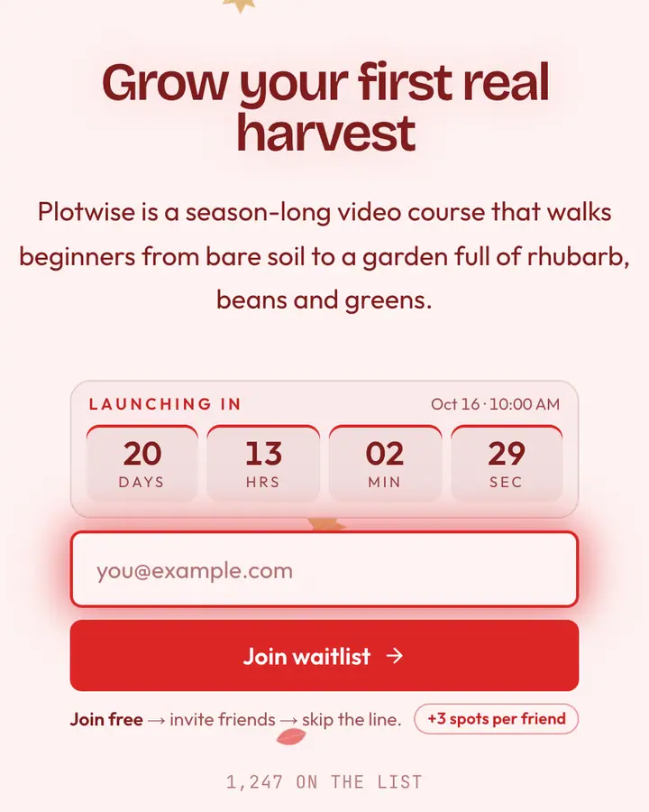 Rhubarb Red — Nature & Organic waitlist page template, red-tinted white background