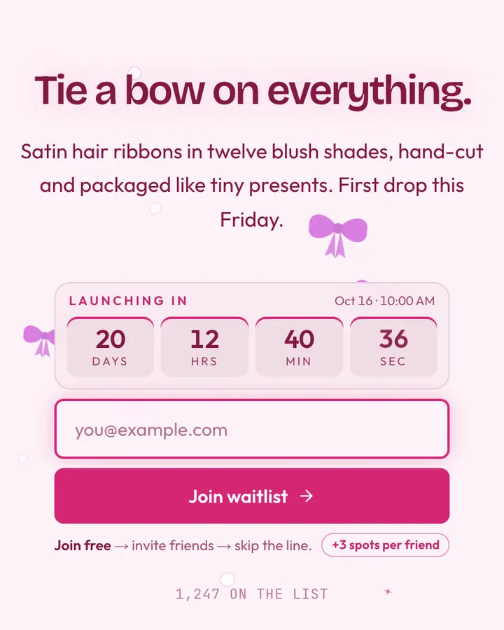 Ribbon Pink — Coquette waitlist page template, pink-tinted white background