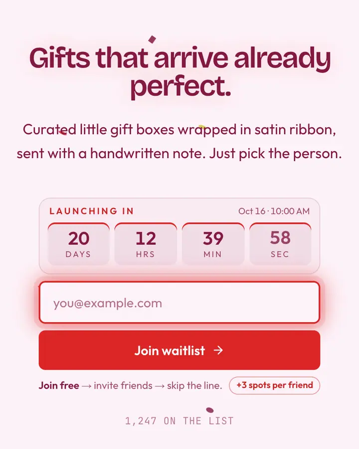 Ribboned Box — Coquette waitlist page template, pink-tinted white background