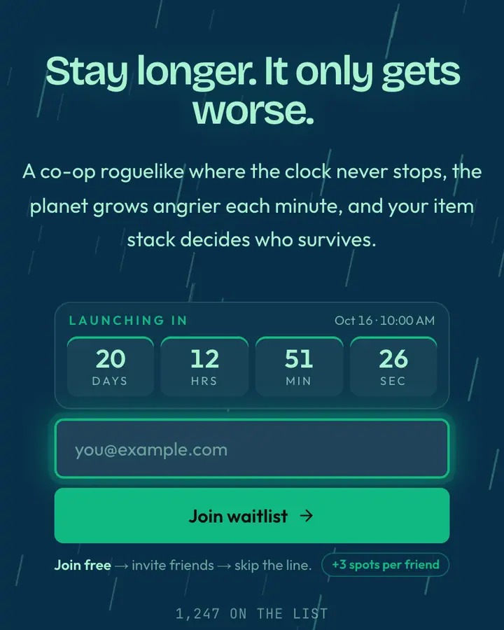Alien Rain — Retro & Pixel Art waitlist page template, deep sky blue background