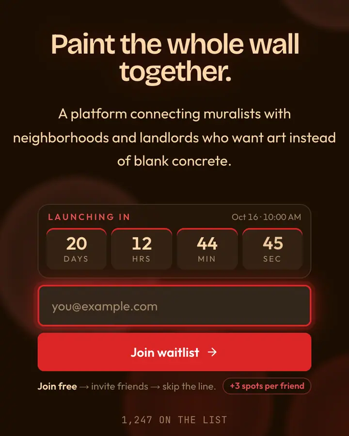 Rivera Mural — Editorial & Abstract waitlist page template, near-black vermilion background