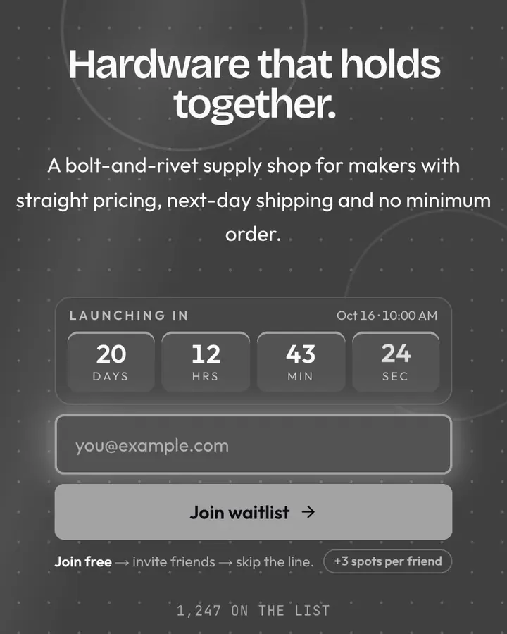 Rivet Grey — Industrial & Brutalist waitlist page template, dark gray background