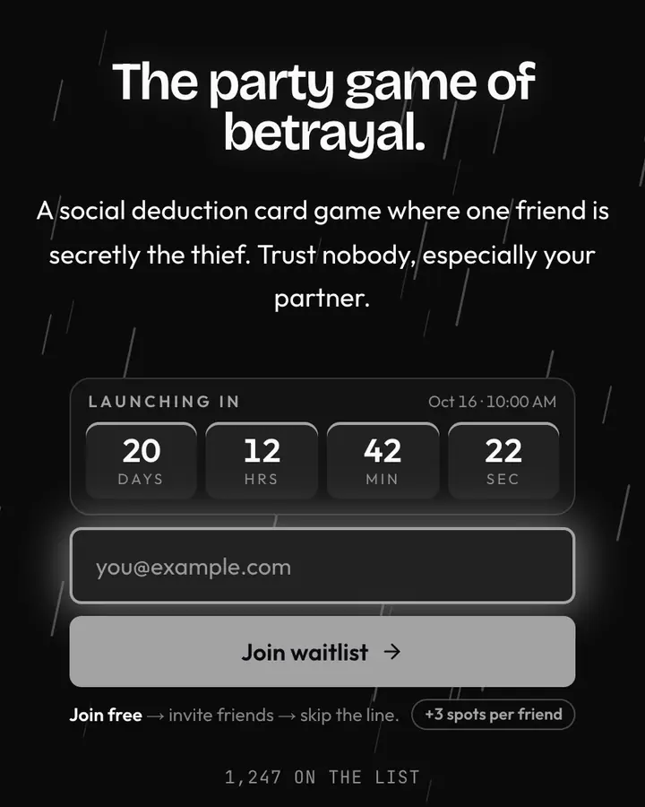 Rogue Dagger — Fantasy waitlist page template, near-black background
