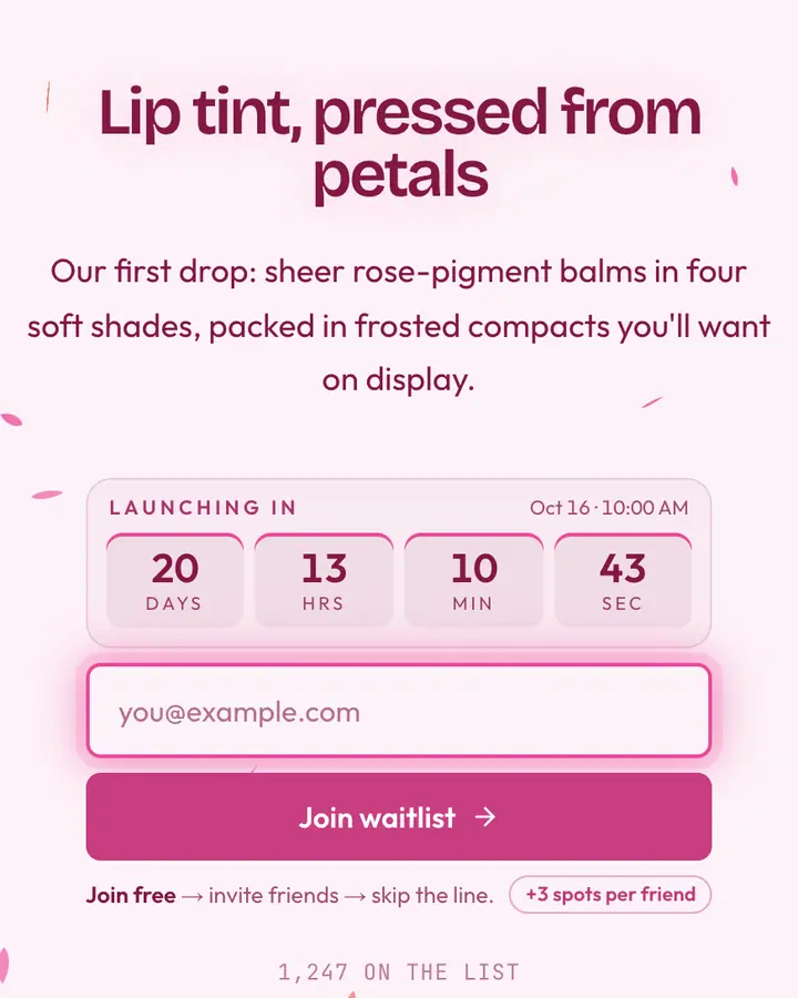 Rose Pane — Glassmorphism waitlist page template, pink-tinted white background