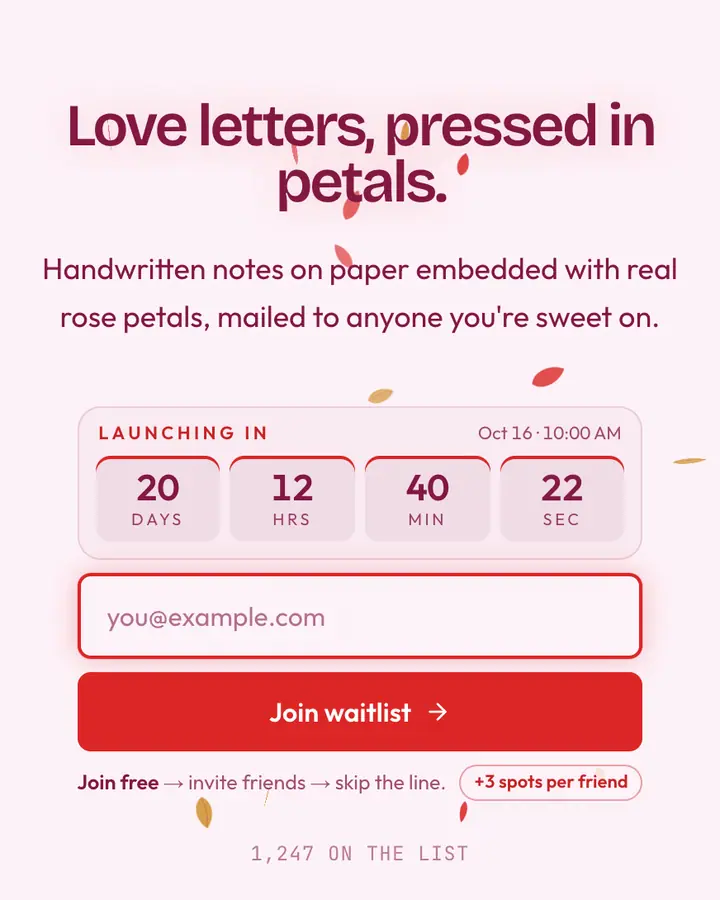 Rose Petal — Coquette waitlist page template, pink-tinted white background
