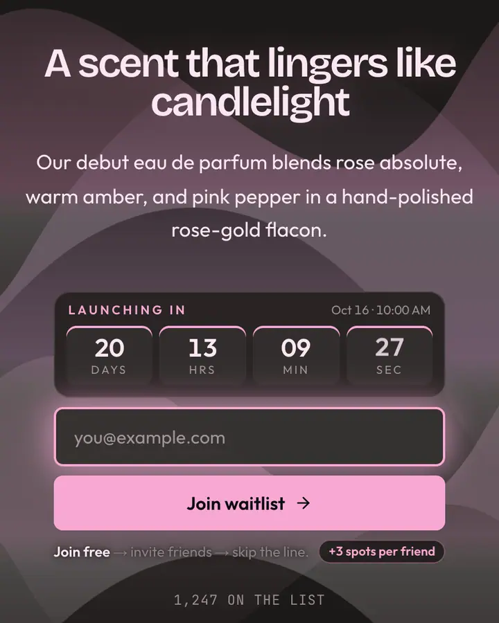 Rosegold Glass — Glassmorphism waitlist page template, charcoal background