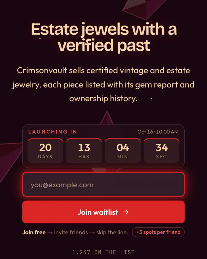 Ruby Collar — Luxury waitlist page template, near-black pink background