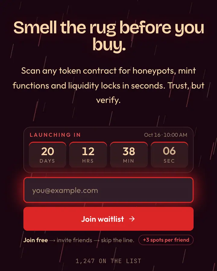 Rugpull Red — Crypto & Web3 waitlist page template, near-black pink background