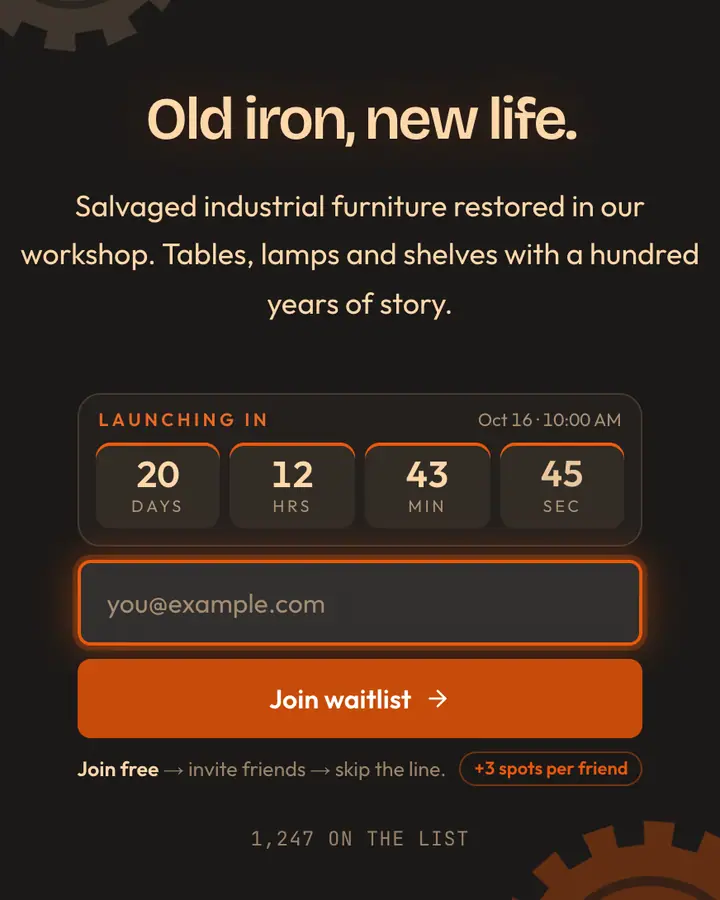 Rust Iron — Industrial & Brutalist waitlist page template, charcoal background