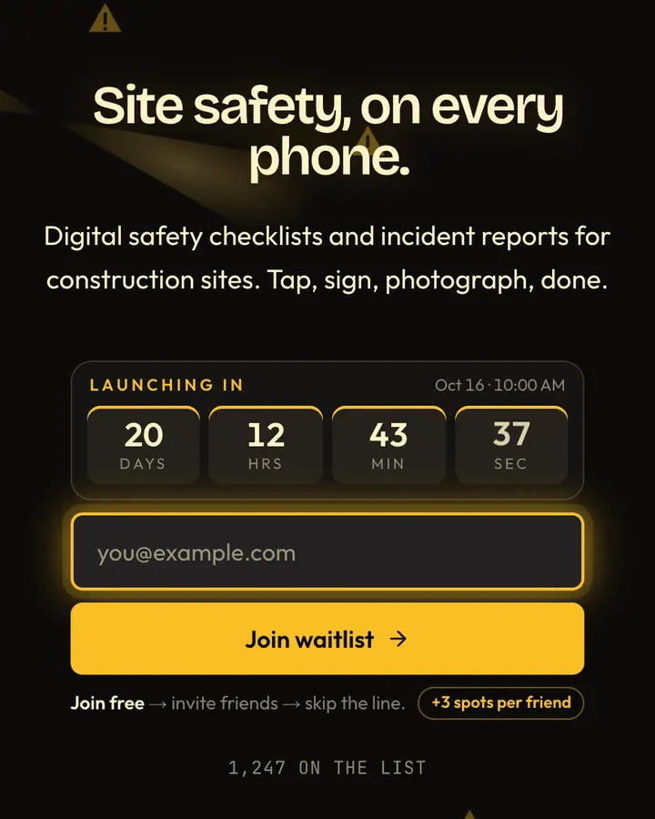 Safety Yellow — Industrial & Brutalist waitlist page template, near-black background