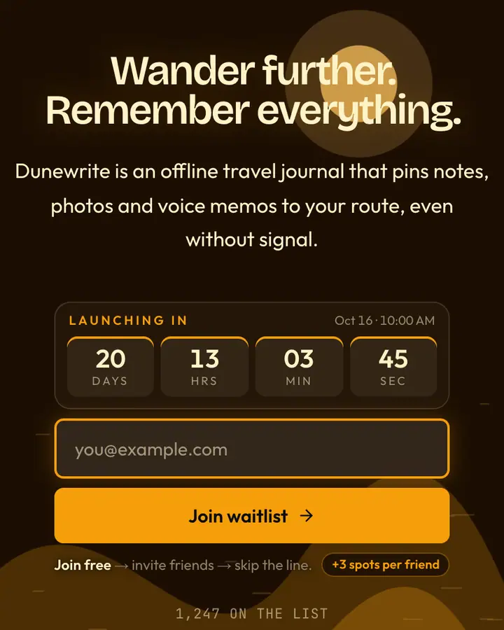 Saffron Dunes — Nature & Organic waitlist page template, near-black vermilion background