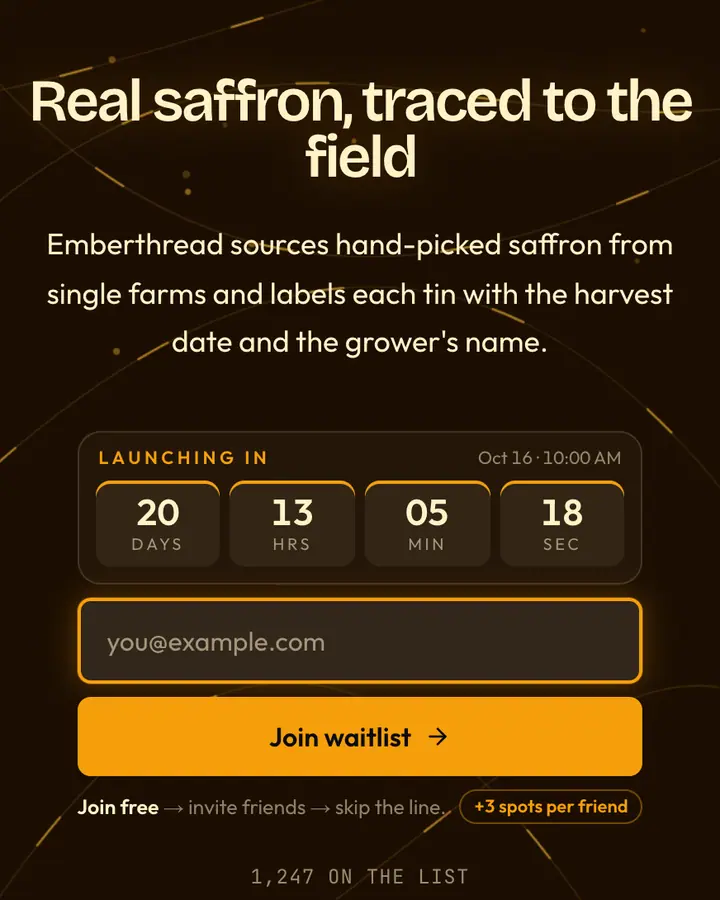 Saffron Gold — Luxury waitlist page template, near-black vermilion background