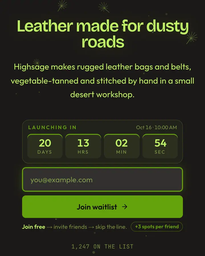 Sage Brush — Nature & Organic waitlist page template, charcoal background