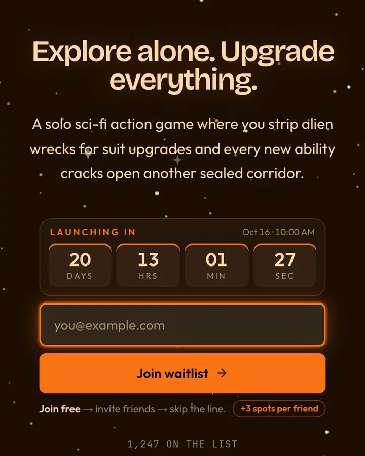 Power Suit Orange — Retro & Pixel Art waitlist page template, near-black vermilion background
