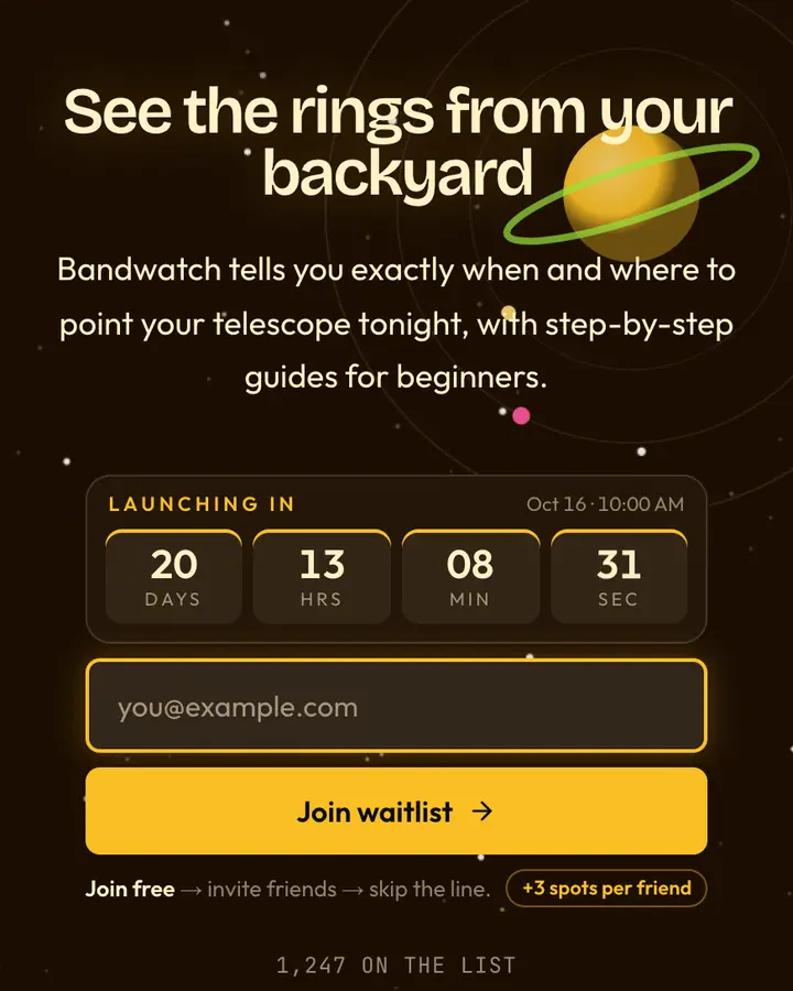 Saturn Ring — Cyberpunk & Sci-Fi waitlist page template, near-black vermilion background