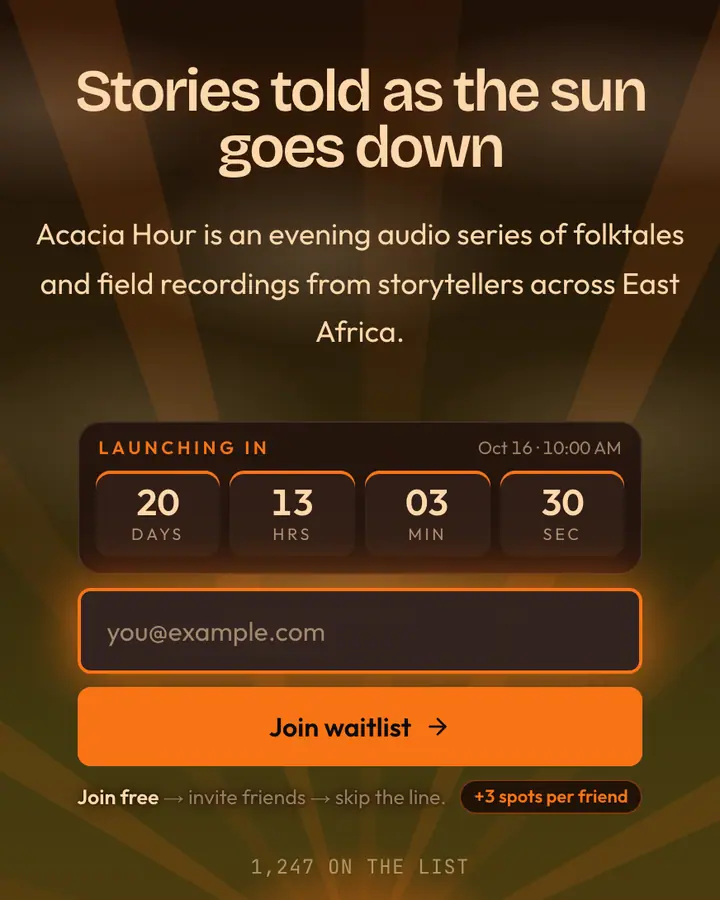 Savanna Dusk — Nature & Organic waitlist page template, near-black vermilion background