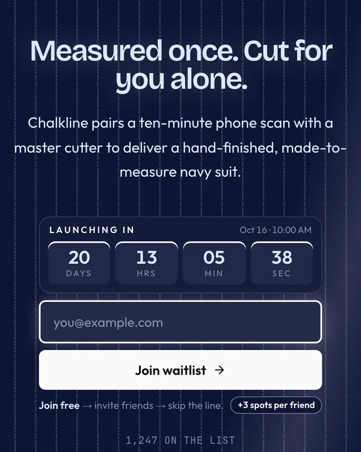 Savile Row — Luxury waitlist page template, deep blue background