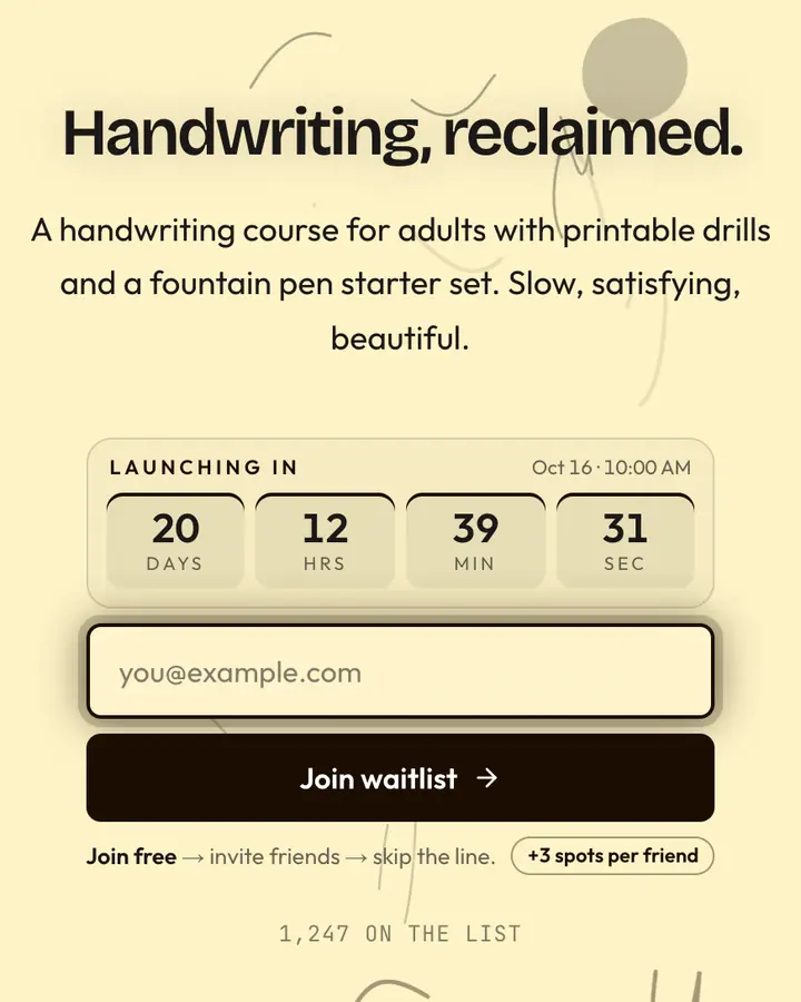 Scholar Pen — Dark Academia waitlist page template, cream background