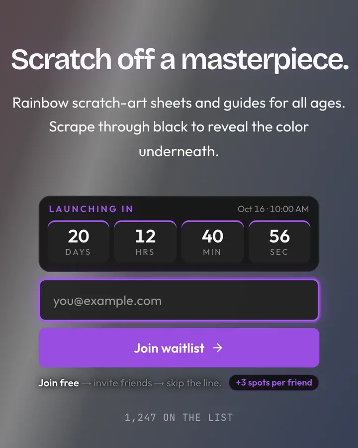 Scratch Paper — Playful & Pastel waitlist page template, near-black background