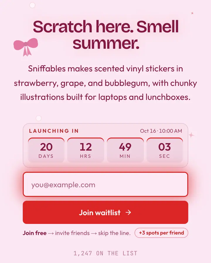 Scratch & Sniff — Y2K waitlist page template, pale pink background