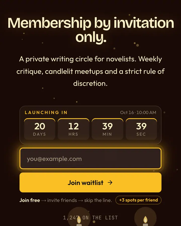 Secret Society — Dark Academia waitlist page template, near-black vermilion background