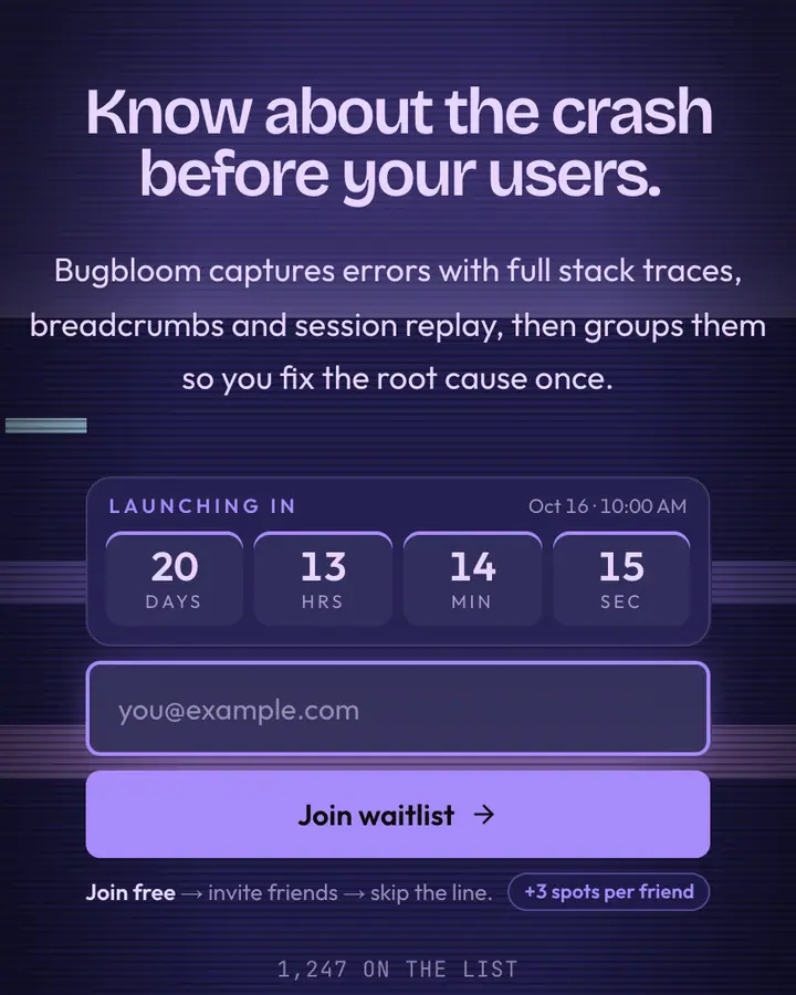 Error Watch — Tech & SaaS waitlist page template, dark indigo background