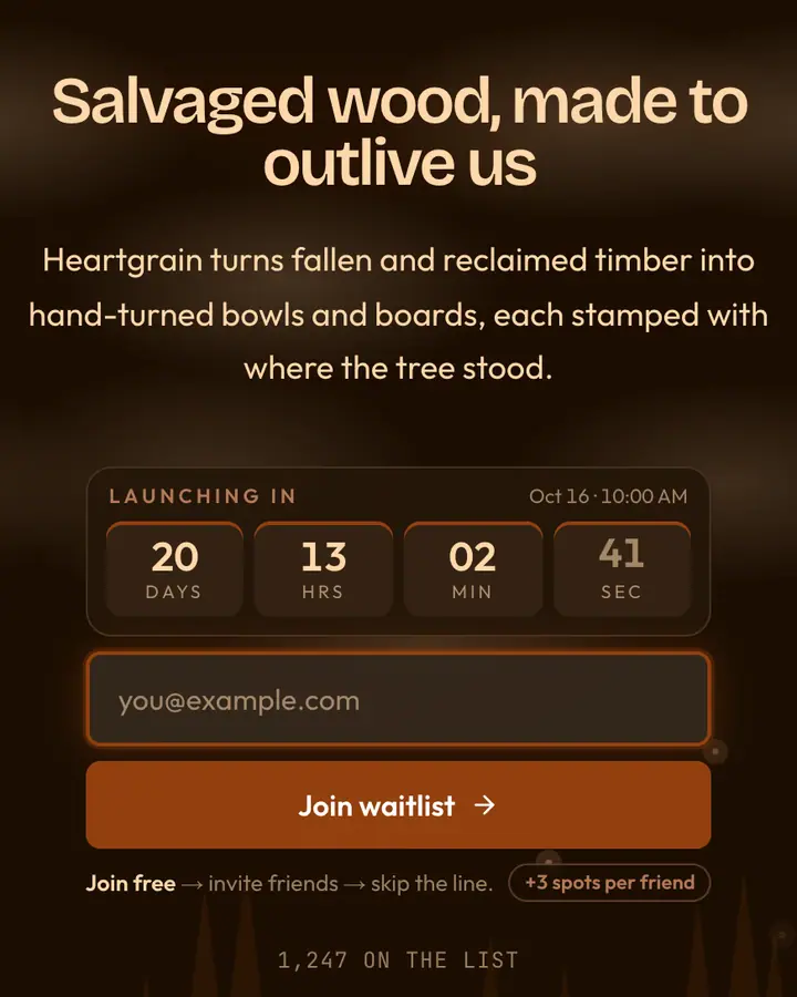 Sequoia Red — Nature & Organic waitlist page template, near-black vermilion background