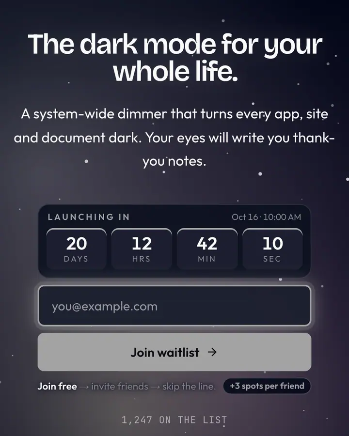 Shadow Realm — Fantasy waitlist page template, near-black blue background