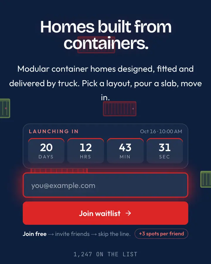Shipping Container — Industrial & Brutalist waitlist page template, deep blue background