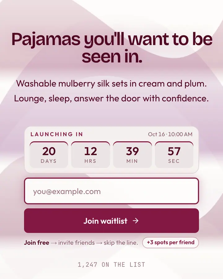Silk Pajama — Coquette waitlist page template, amber-tinted white background