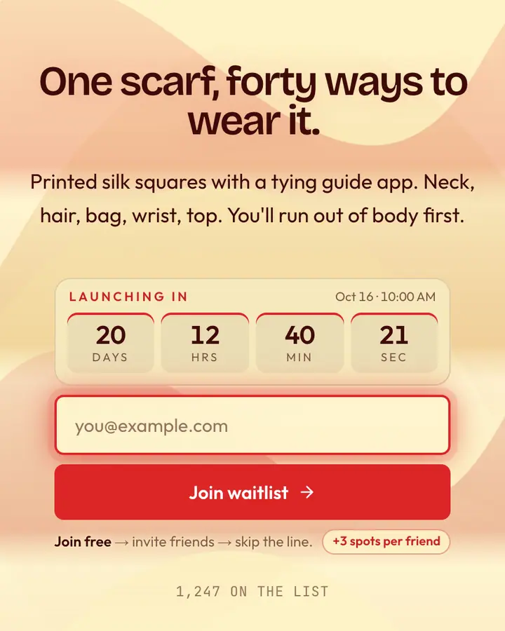 Silk Scarf — Coquette waitlist page template, cream background