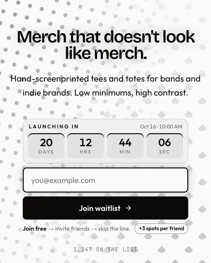Silkscreen — Black & White waitlist page template, white background