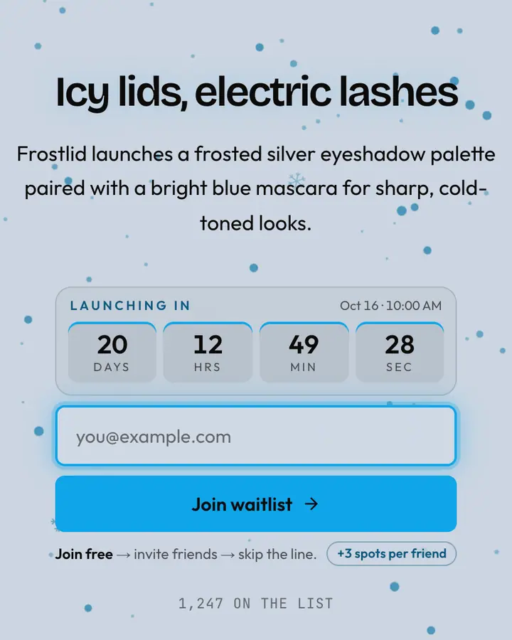 Silver Eyeshadow — Y2K waitlist page template, pale sky blue background
