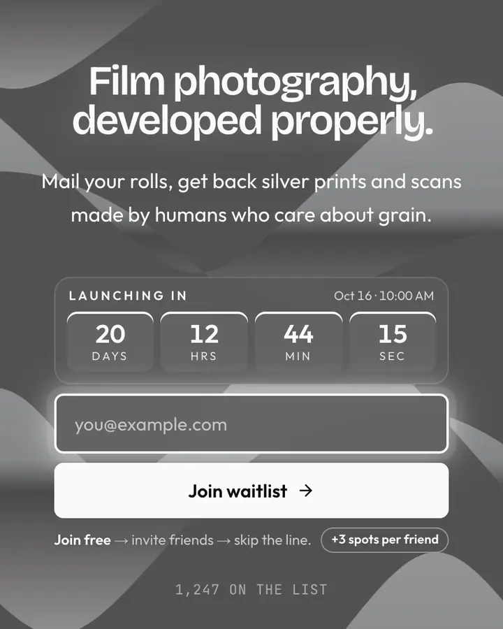 Silver Print — Black & White waitlist page template, dark gray background