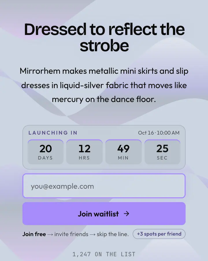 Silver Skirt — Y2K waitlist page template, pale sky blue background