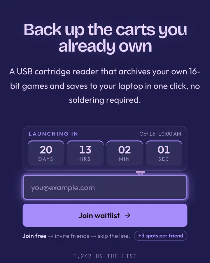 16-Bit Purple — Retro & Pixel Art waitlist page template, dark indigo background