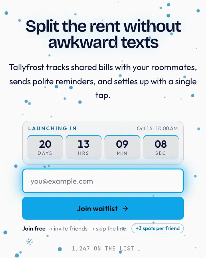 Snow Glass — Glassmorphism waitlist page template, white background