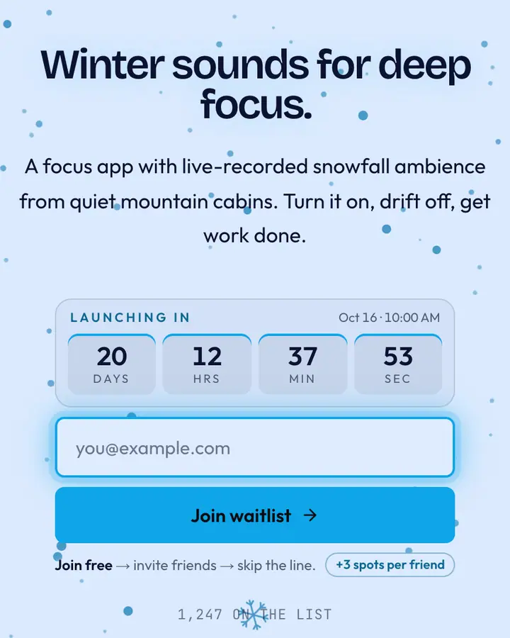 Snowfall Blue — Holiday & Seasonal waitlist page template, pale sky blue background