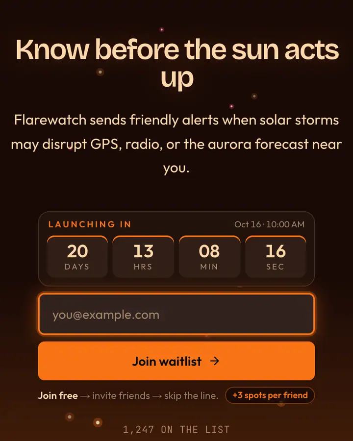 Solar Flare — Cyberpunk & Sci-Fi waitlist page template, near-black vermilion background