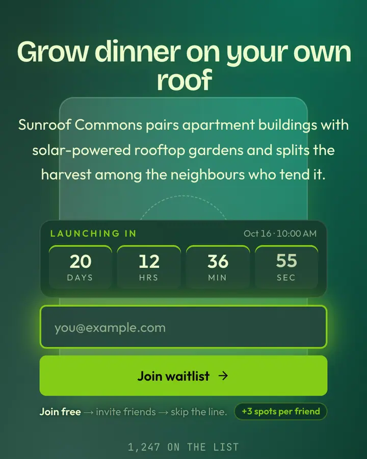 Solarpunk Oasis — Nature & Organic waitlist page template, deep emerald background